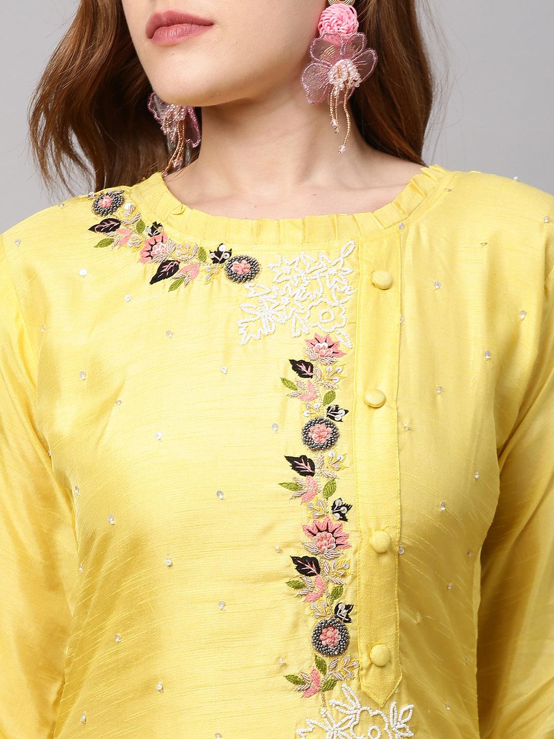 Hand Embroidered Straight Fit Kurta with Pants and Dupatta - Yellow - Indiakreations