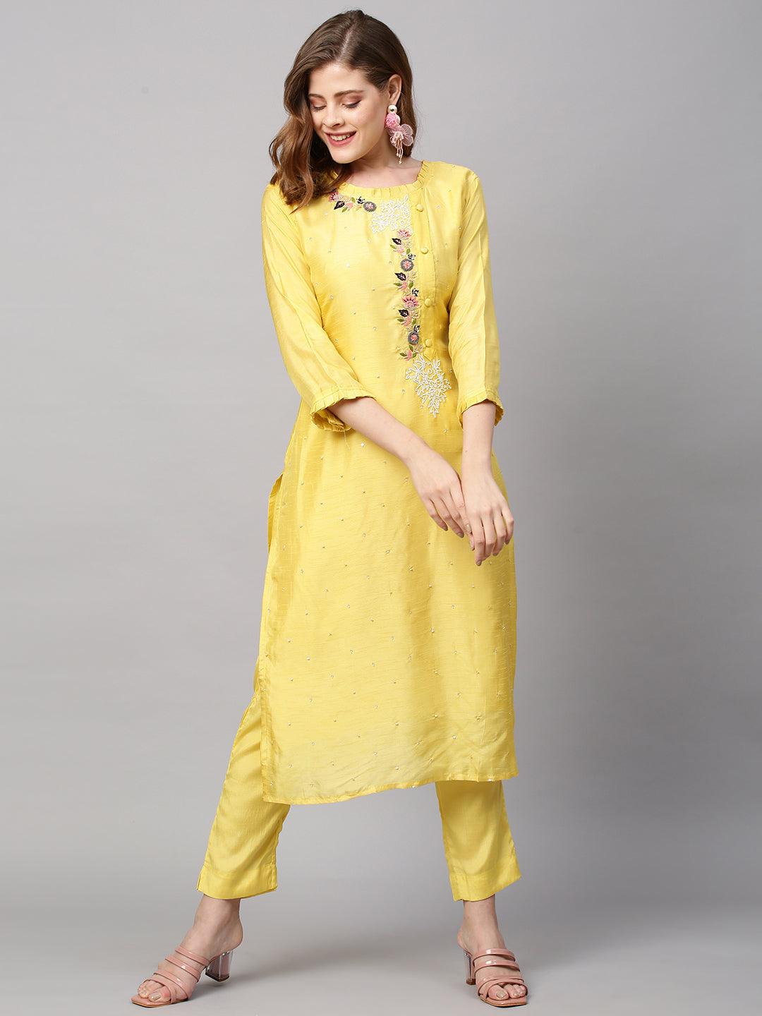 Hand Embroidered Straight Fit Kurta with Pants and Dupatta - Yellow - Indiakreations