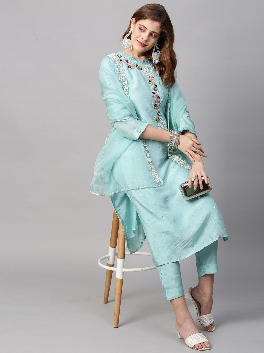 Hand Embroidered Straight Fit Kurta with Pants and Dupatta - Powder Blue - Indiakreations