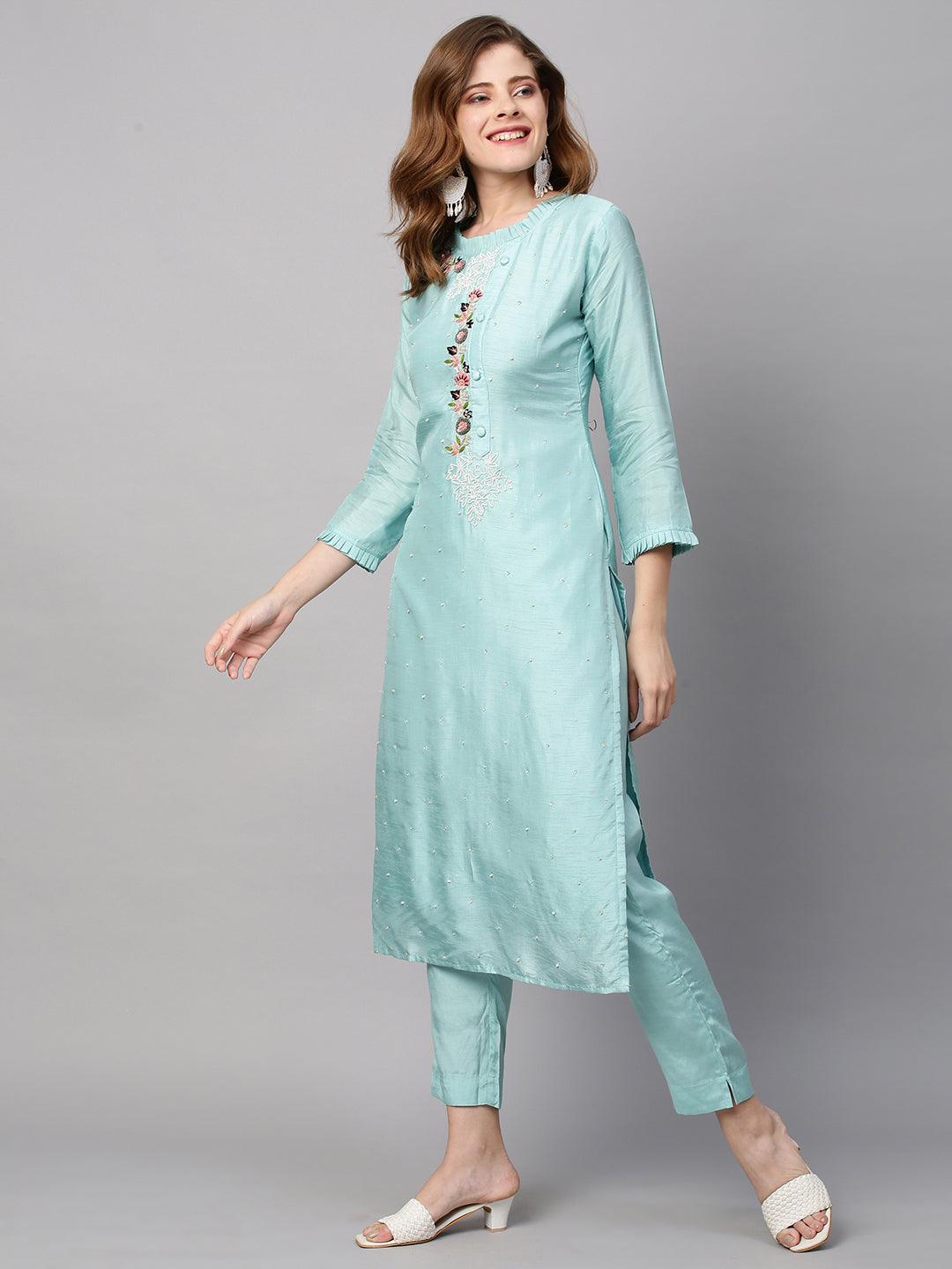 Hand Embroidered Straight Fit Kurta with Pants and Dupatta - Powder Blue - Indiakreations