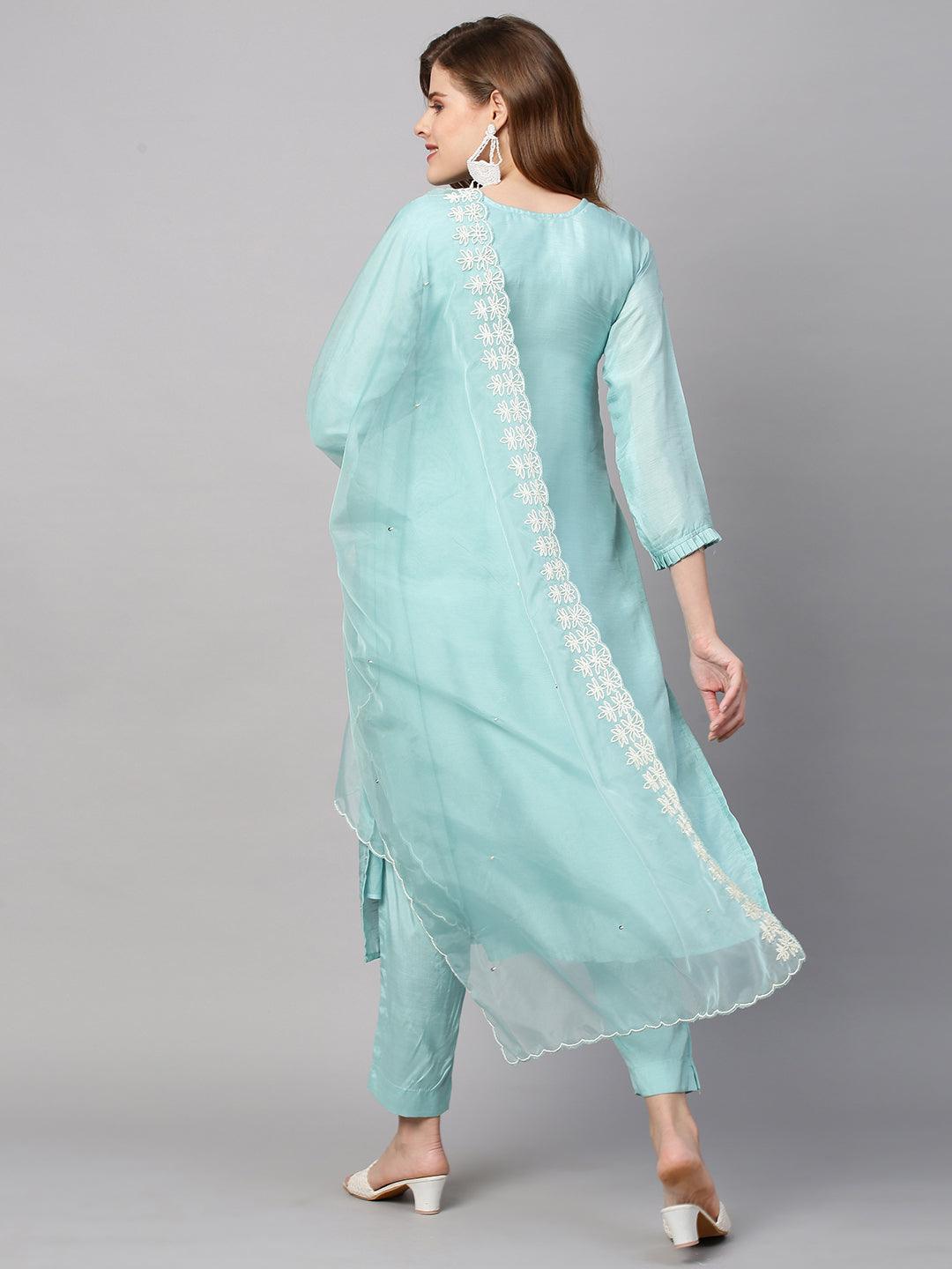 Hand Embroidered Straight Fit Kurta with Pants and Dupatta - Powder Blue - Indiakreations