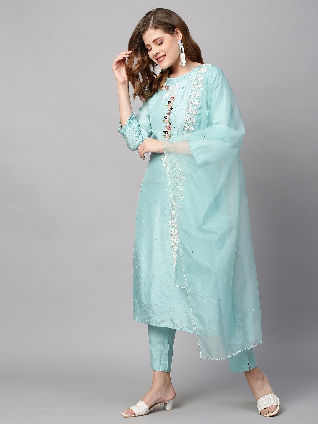 Hand Embroidered Straight Fit Kurta with Pants and Dupatta - Powder Blue - Indiakreations