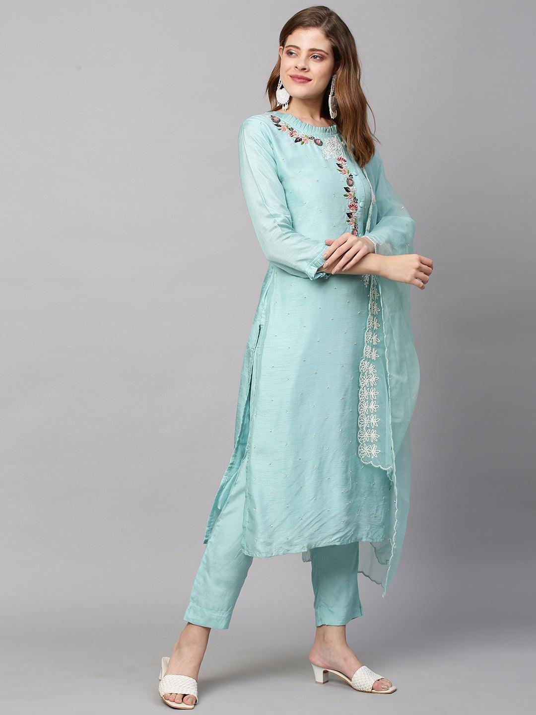 Hand Embroidered Straight Fit Kurta with Pants and Dupatta - Powder Blue - Indiakreations