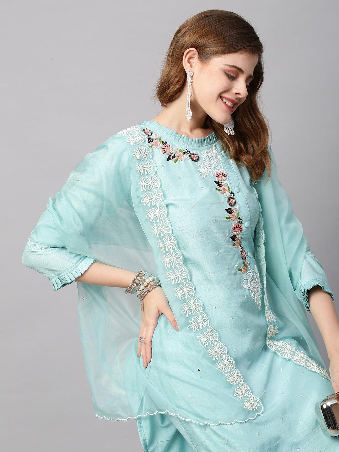 Hand Embroidered Straight Fit Kurta with Pants and Dupatta - Powder Blue - Indiakreations