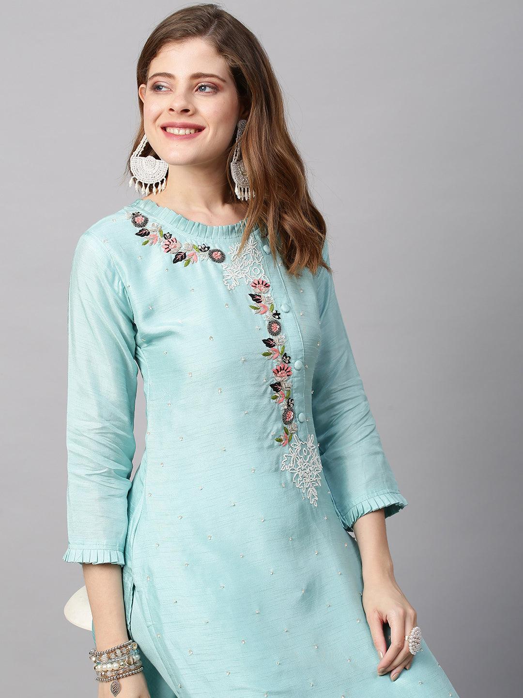 Hand Embroidered Straight Fit Kurta with Pants and Dupatta - Powder Blue - Indiakreations