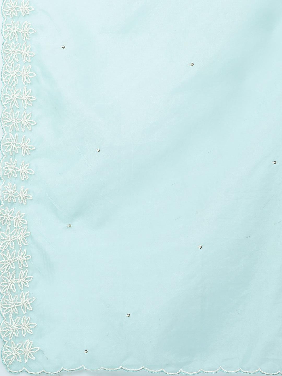 Hand Embroidered Straight Fit Kurta with Pants and Dupatta - Powder Blue - Indiakreations