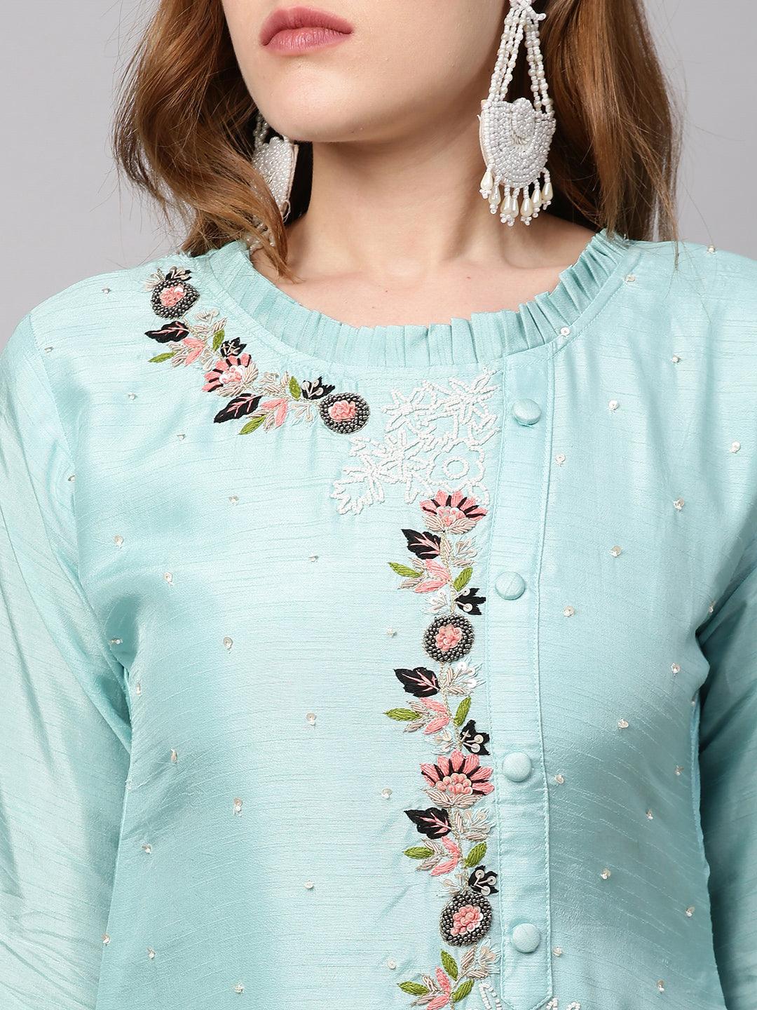 Hand Embroidered Straight Fit Kurta with Pants and Dupatta - Powder Blue - Indiakreations