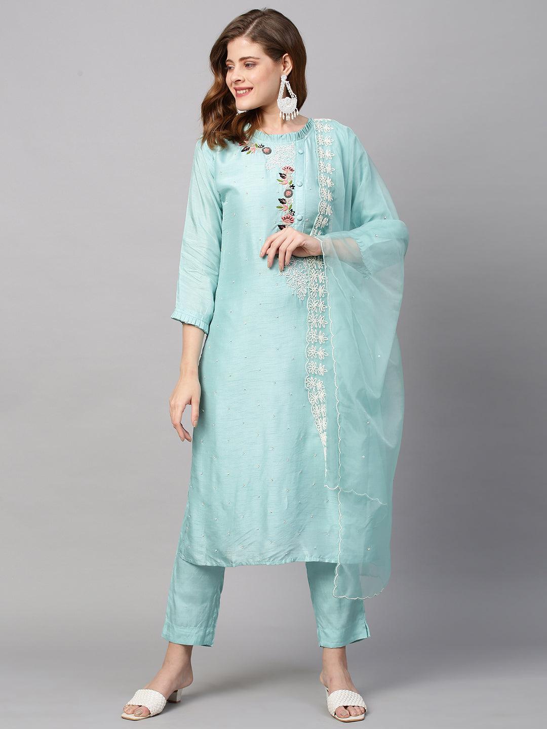 Hand Embroidered Straight Fit Kurta with Pants and Dupatta - Powder Blue - Indiakreations