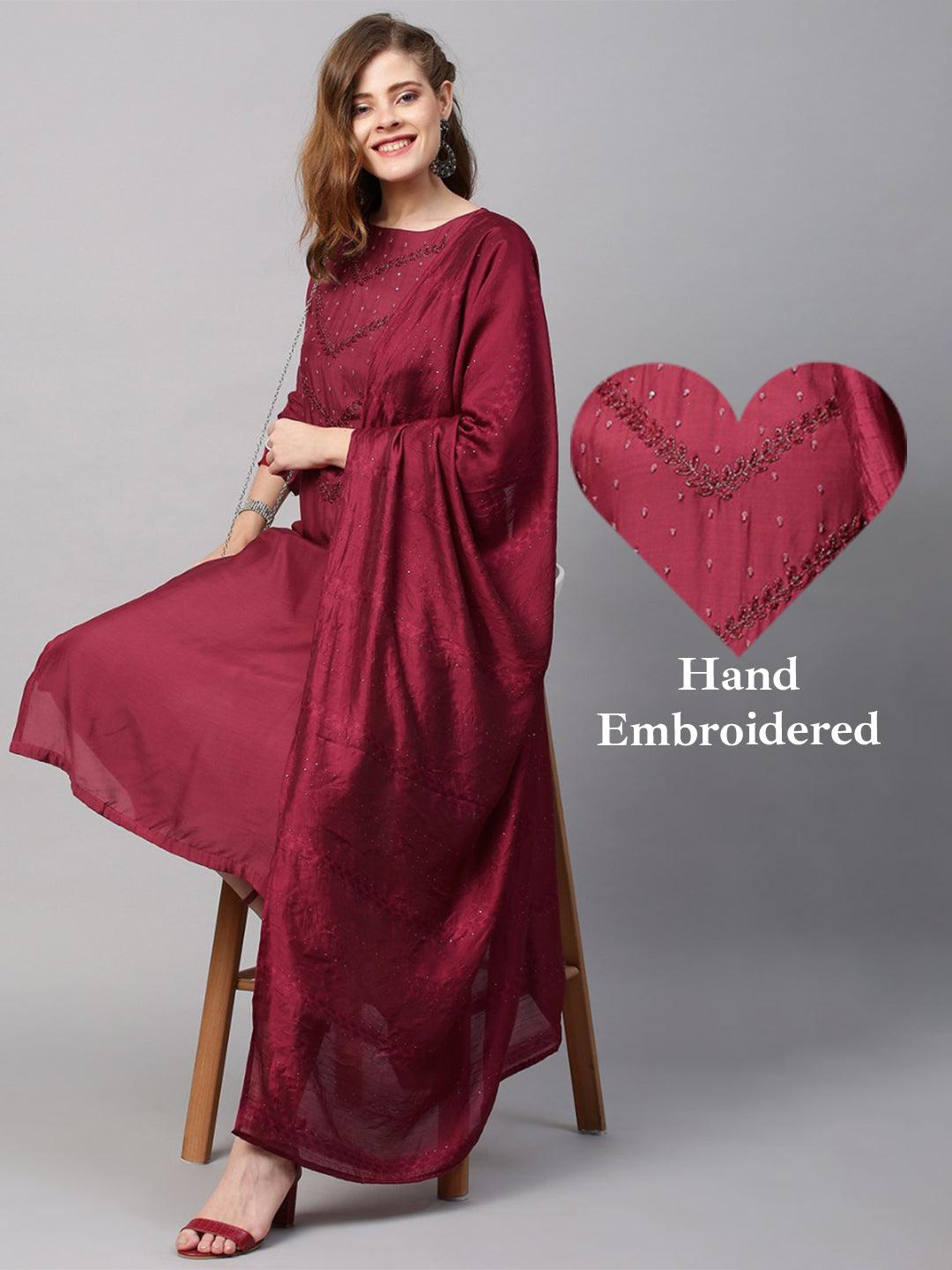 Ethnic Hand Embroidered Straight Kurta with Pants & Dupatta - Wine - Indiakreations