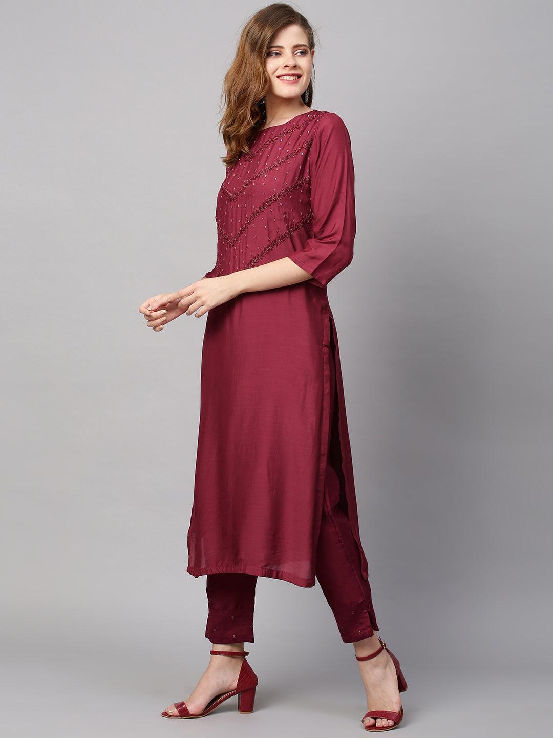 Ethnic Hand Embroidered Straight Kurta with Pants & Dupatta - Wine - Indiakreations