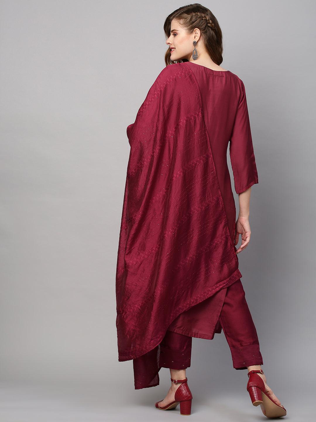 Ethnic Hand Embroidered Straight Kurta with Pants & Dupatta - Wine - Indiakreations