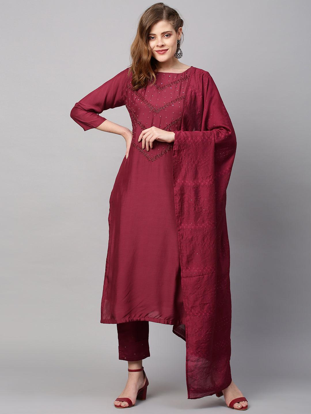 Ethnic Hand Embroidered Straight Kurta with Pants & Dupatta - Wine - Indiakreations