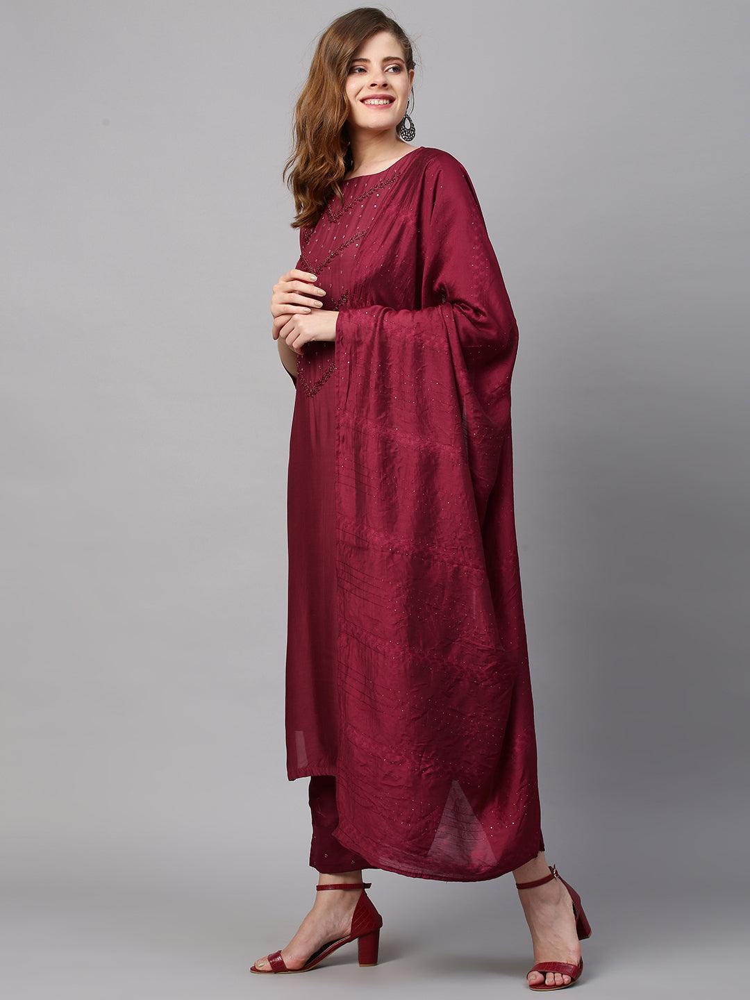 Ethnic Hand Embroidered Straight Kurta with Pants & Dupatta - Wine - Indiakreations