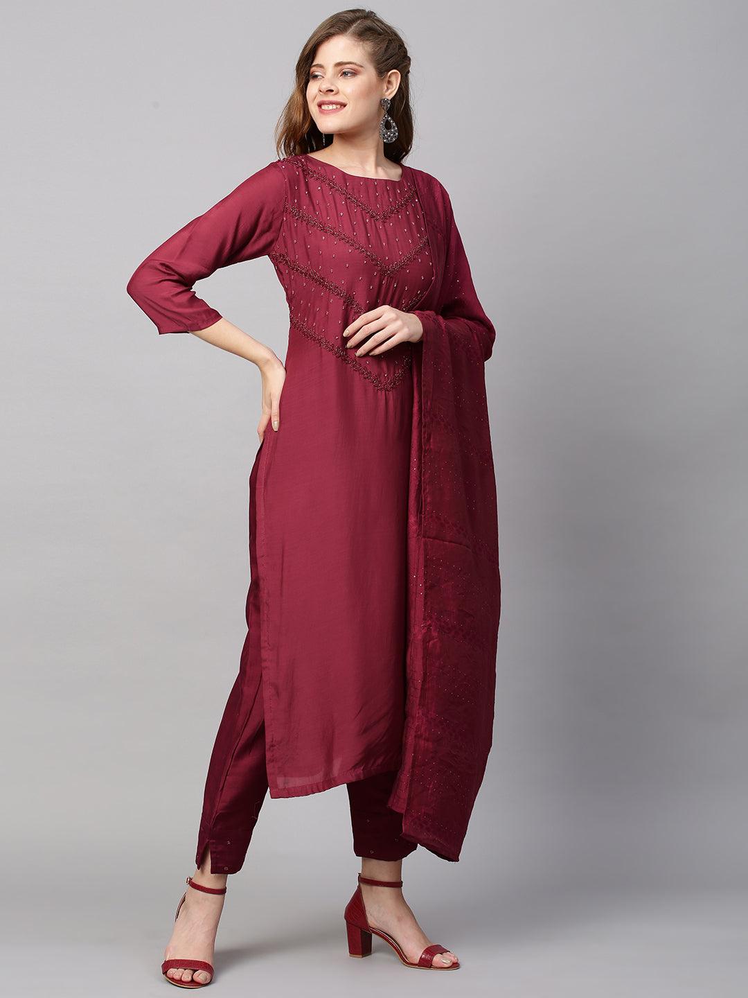 Ethnic Hand Embroidered Straight Kurta with Pants & Dupatta - Wine - Indiakreations