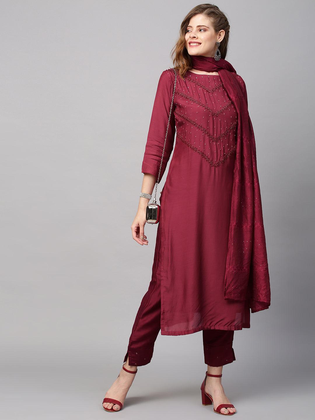 Ethnic Hand Embroidered Straight Kurta with Pants & Dupatta - Wine - Indiakreations