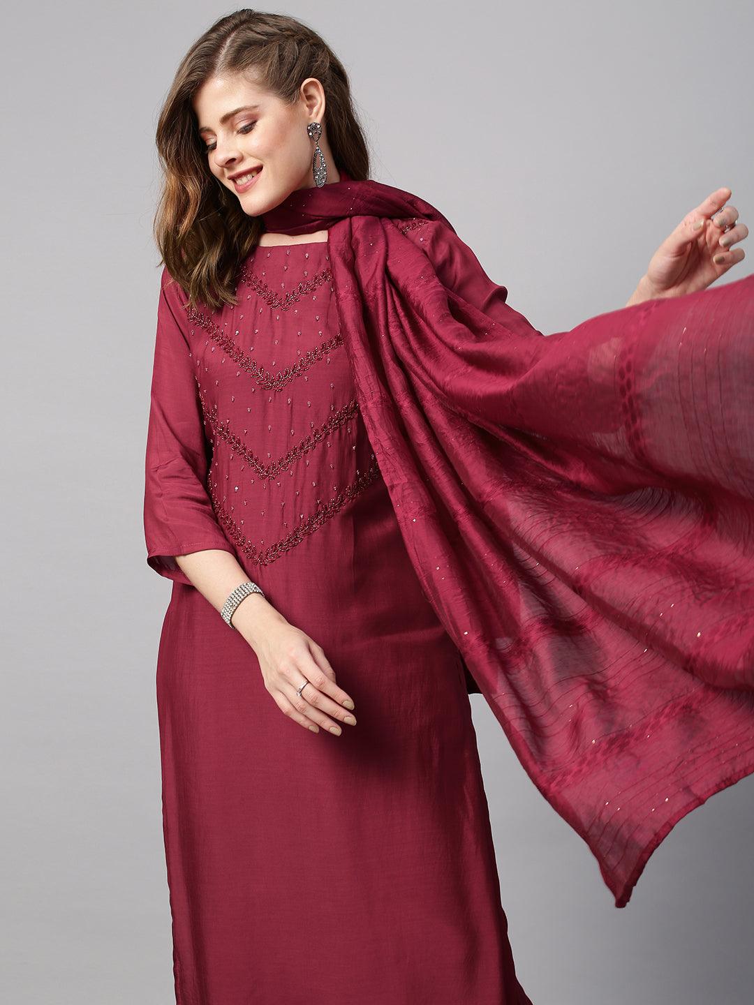 Ethnic Hand Embroidered Straight Kurta with Pants & Dupatta - Wine - Indiakreations