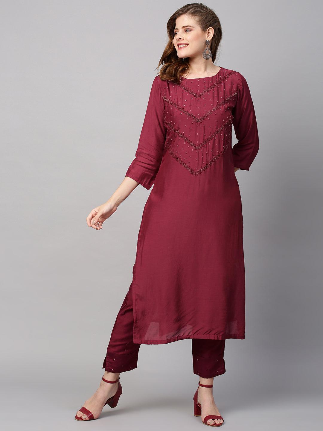 Ethnic Hand Embroidered Straight Kurta with Pants & Dupatta - Wine - Indiakreations