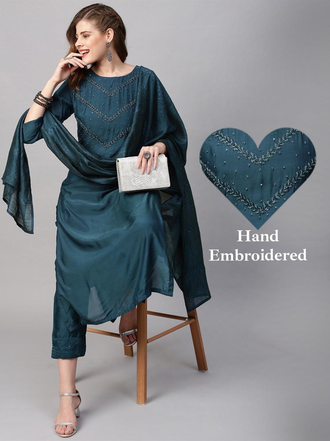 Ethnic Hand Embroidered Straight Kurta with Pants & Dupatta - Teal Blue - Indiakreations