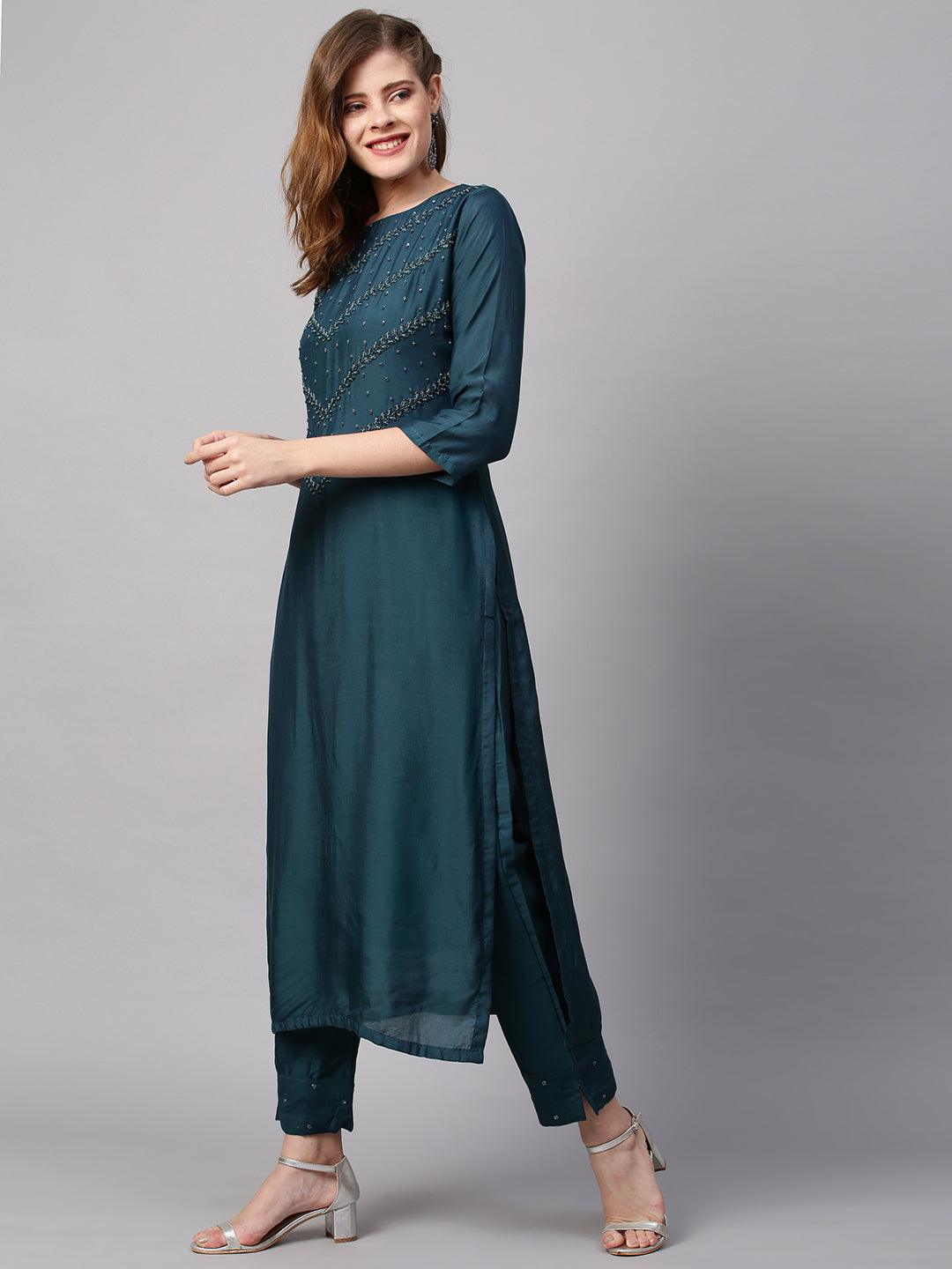 Ethnic Hand Embroidered Straight Kurta with Pants & Dupatta - Teal Blue - Indiakreations