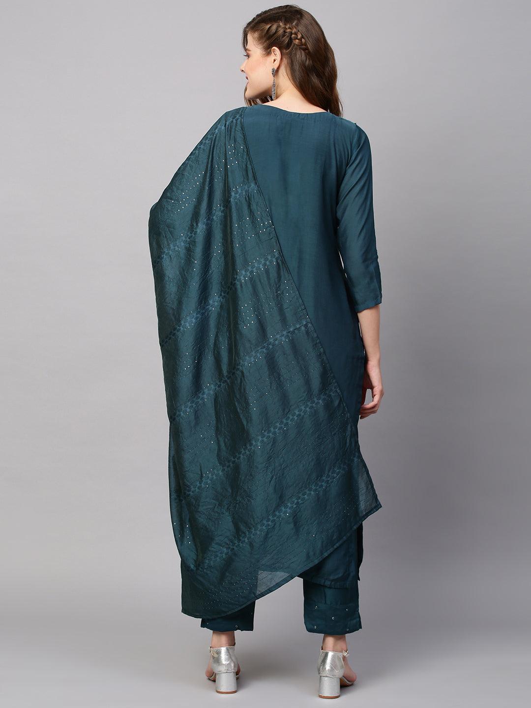 Ethnic Hand Embroidered Straight Kurta with Pants & Dupatta - Teal Blue - Indiakreations