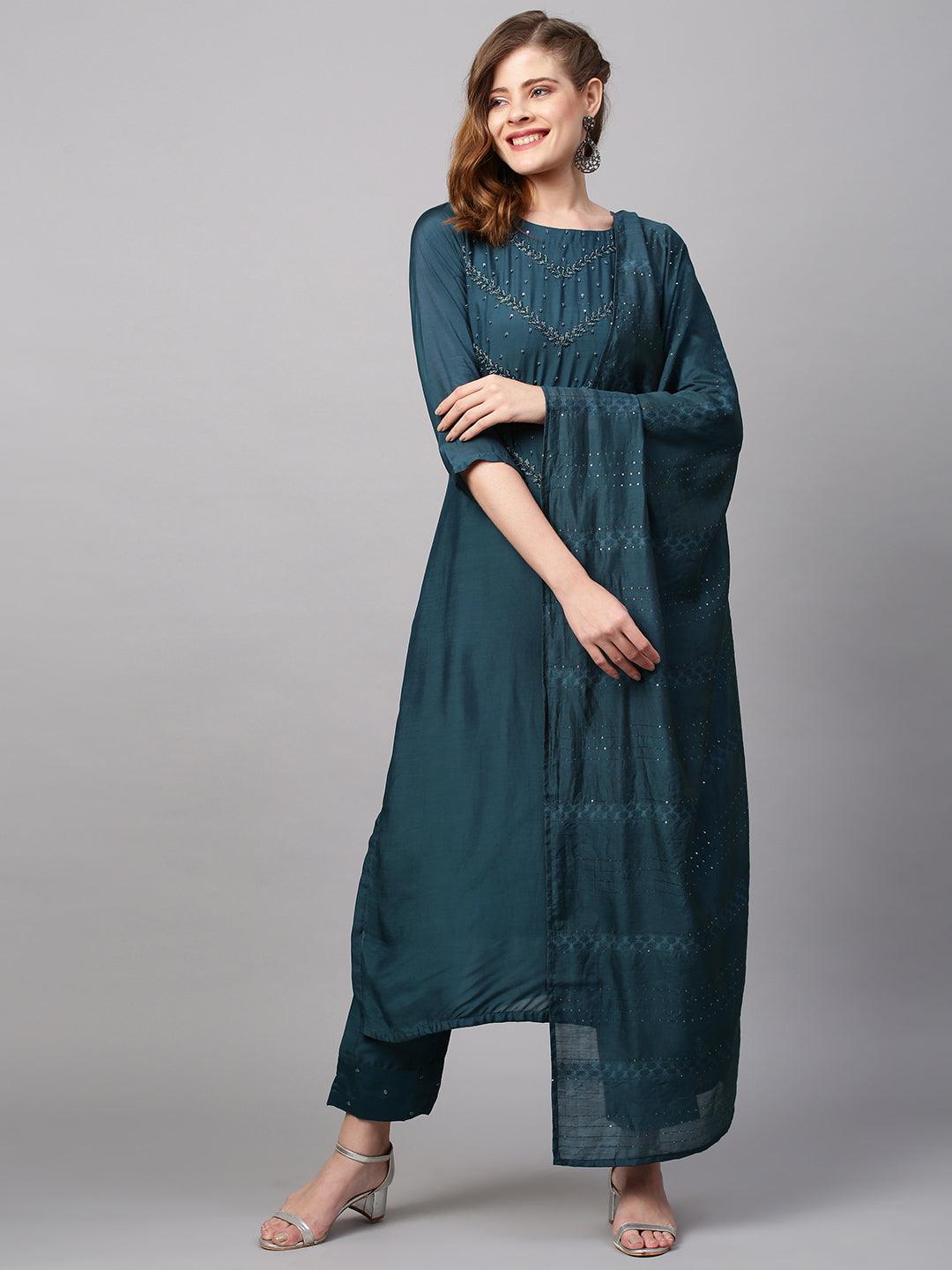 Ethnic Hand Embroidered Straight Kurta with Pants & Dupatta - Teal Blue - Indiakreations