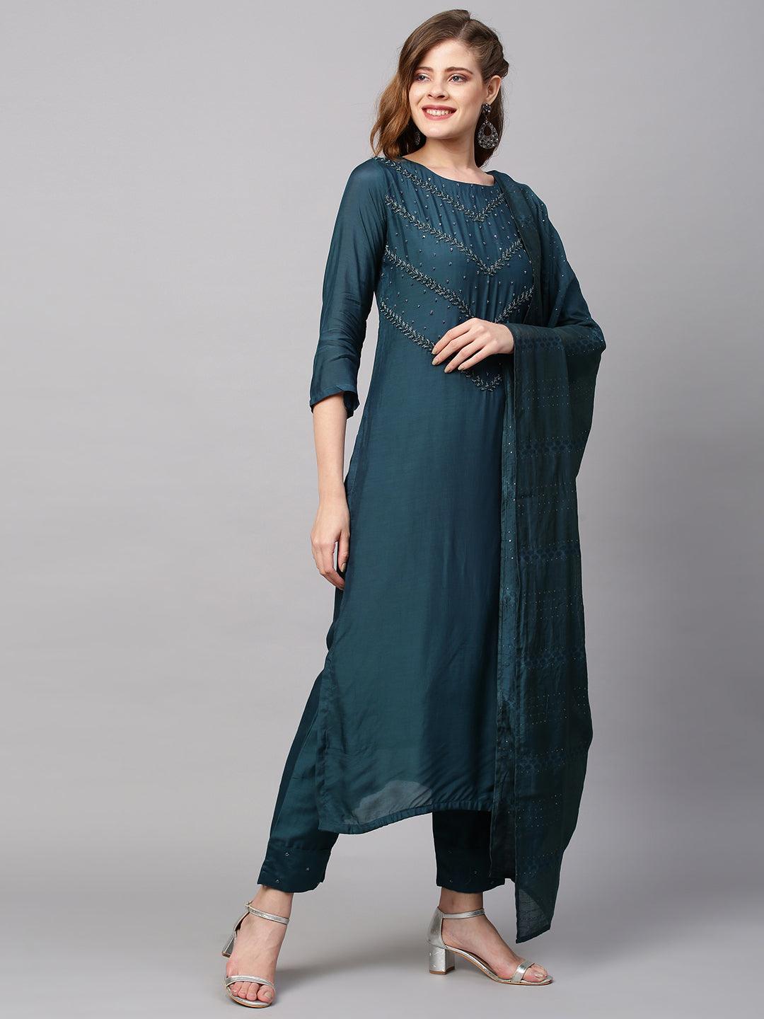 Ethnic Hand Embroidered Straight Kurta with Pants & Dupatta - Teal Blue - Indiakreations