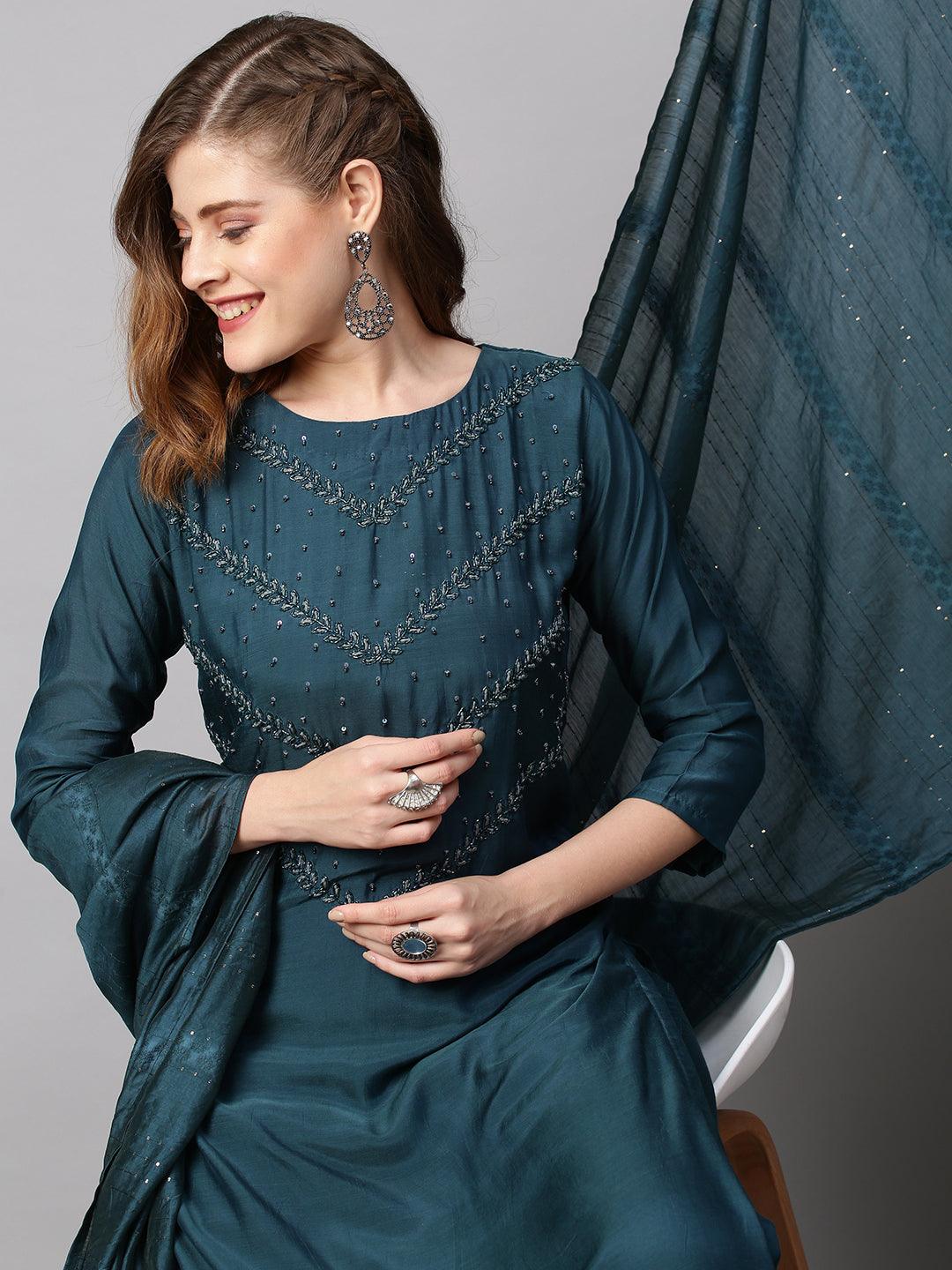 Ethnic Hand Embroidered Straight Kurta with Pants & Dupatta - Teal Blue - Indiakreations