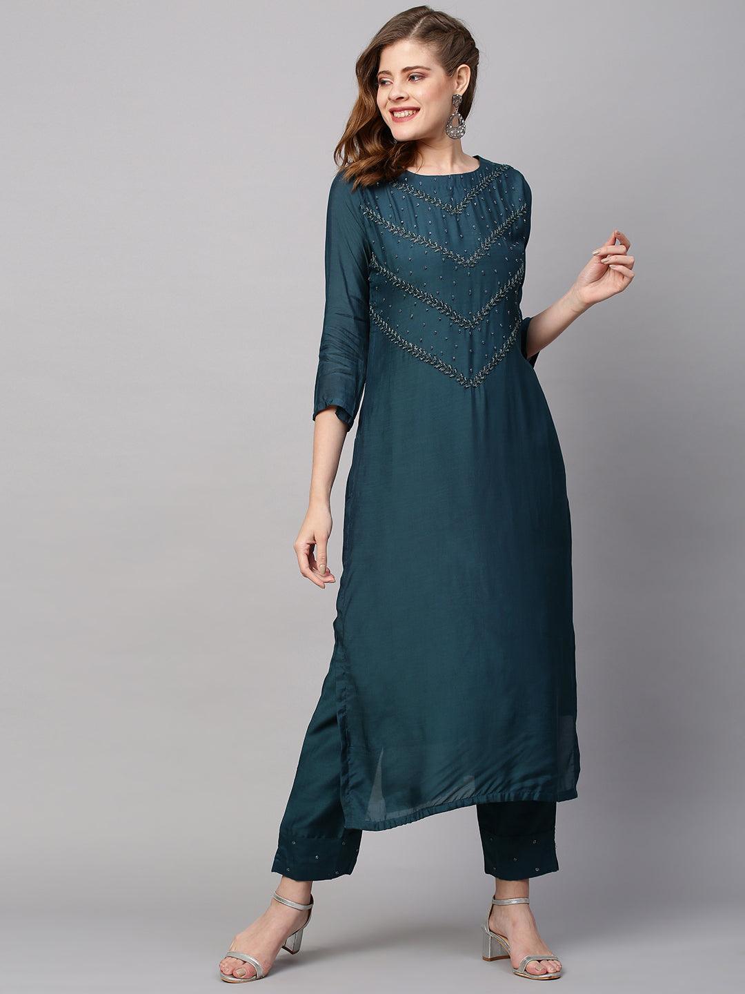 Ethnic Hand Embroidered Straight Kurta with Pants & Dupatta - Teal Blue - Indiakreations