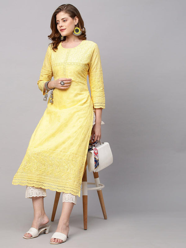 Chikankari Embroidered Straight Fit Kurta - Yellow - Indiakreations