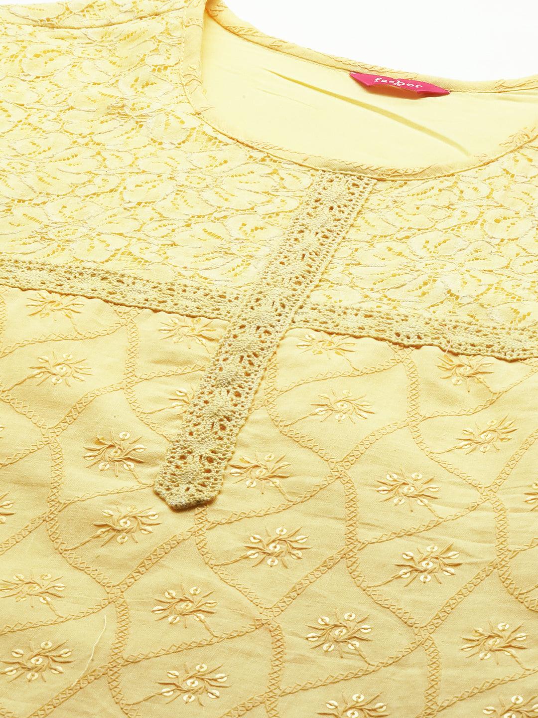 Chikankari Embroidered Straight Fit Kurta - Yellow - Indiakreations