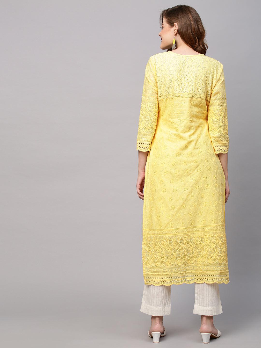 Chikankari Embroidered Straight Fit Kurta - Yellow - Indiakreations