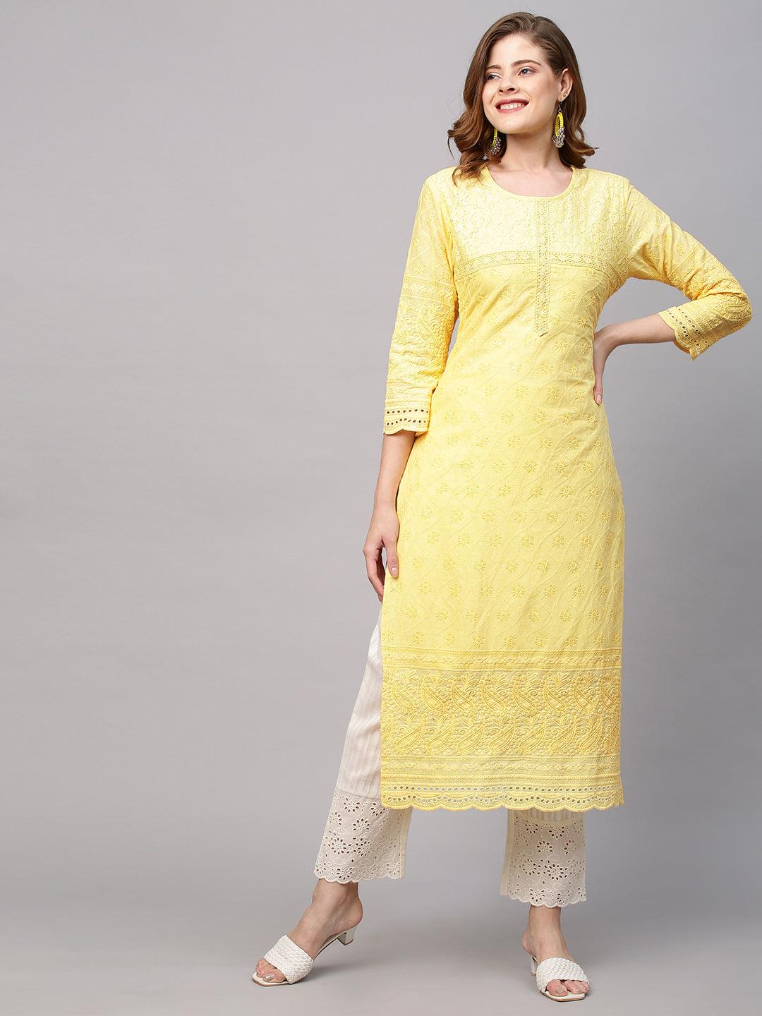 Chikankari Embroidered Straight Fit Kurta - Yellow - Indiakreations