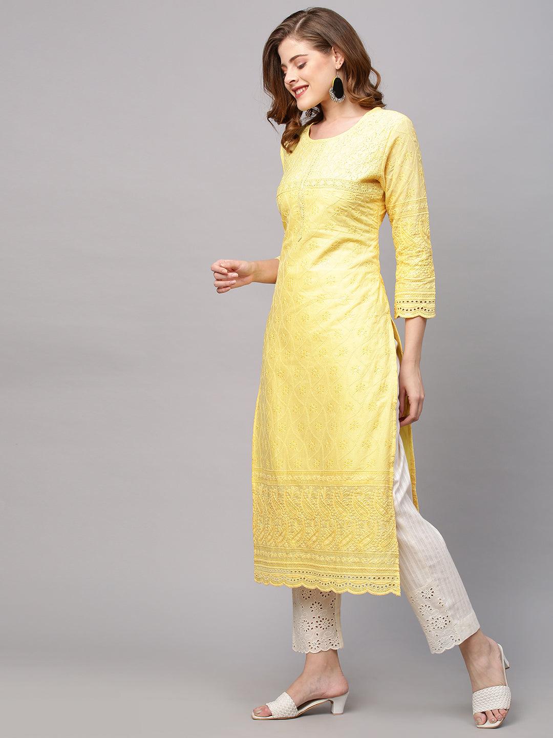 Chikankari Embroidered Straight Fit Kurta - Yellow - Indiakreations