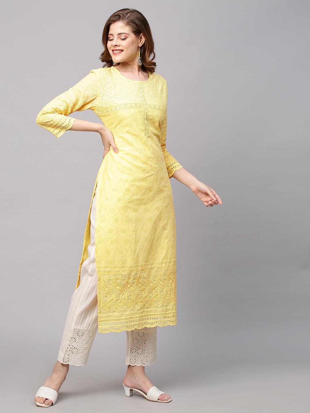 Chikankari Embroidered Straight Fit Kurta - Yellow - Indiakreations