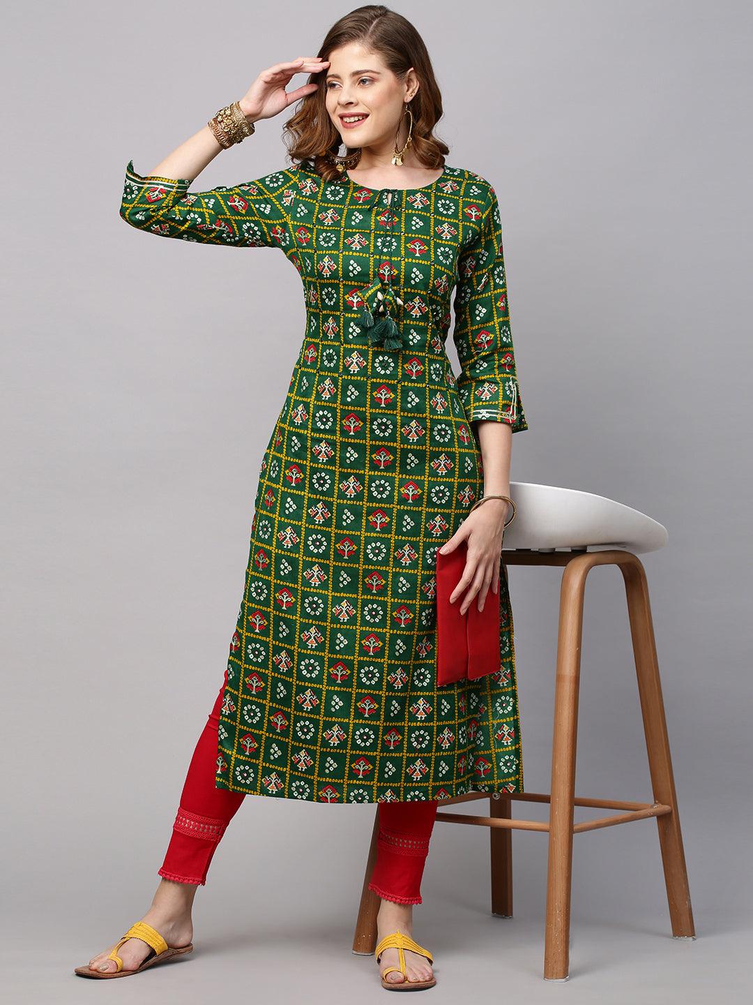 Bandhani Printed & Embroidered Straight Fit Kurta - Dark Green - Indiakreations