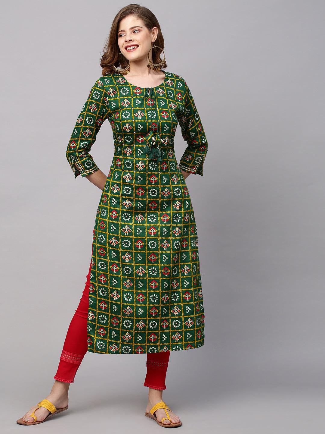 Bandhani Printed & Embroidered Straight Fit Kurta - Dark Green - Indiakreations