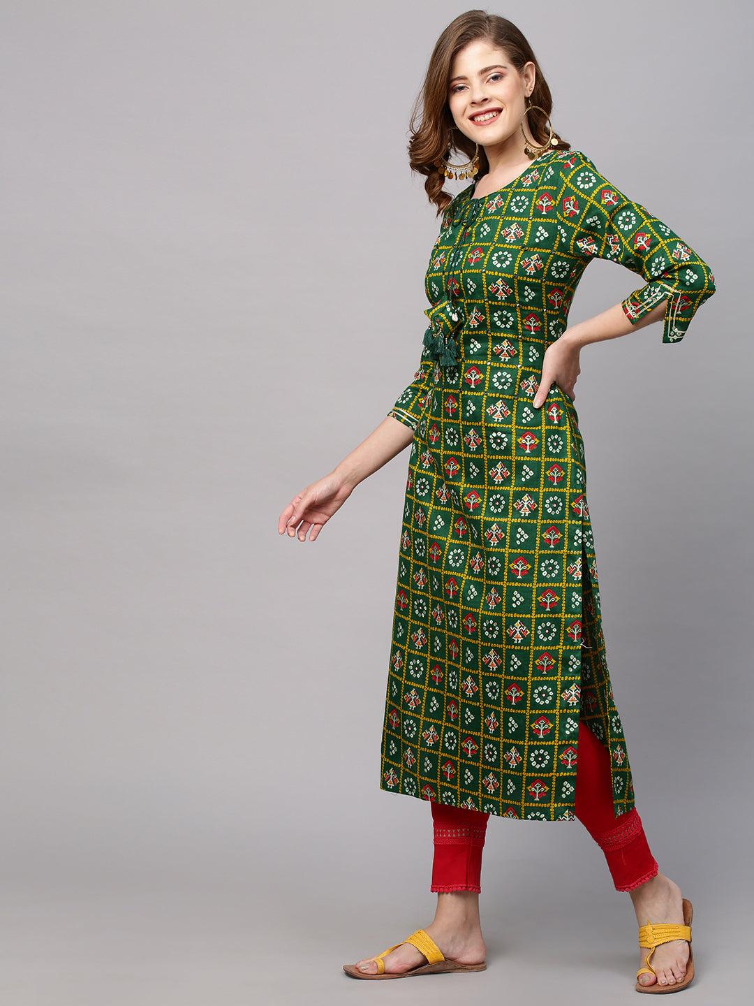 Bandhani Printed & Embroidered Straight Fit Kurta - Dark Green - Indiakreations