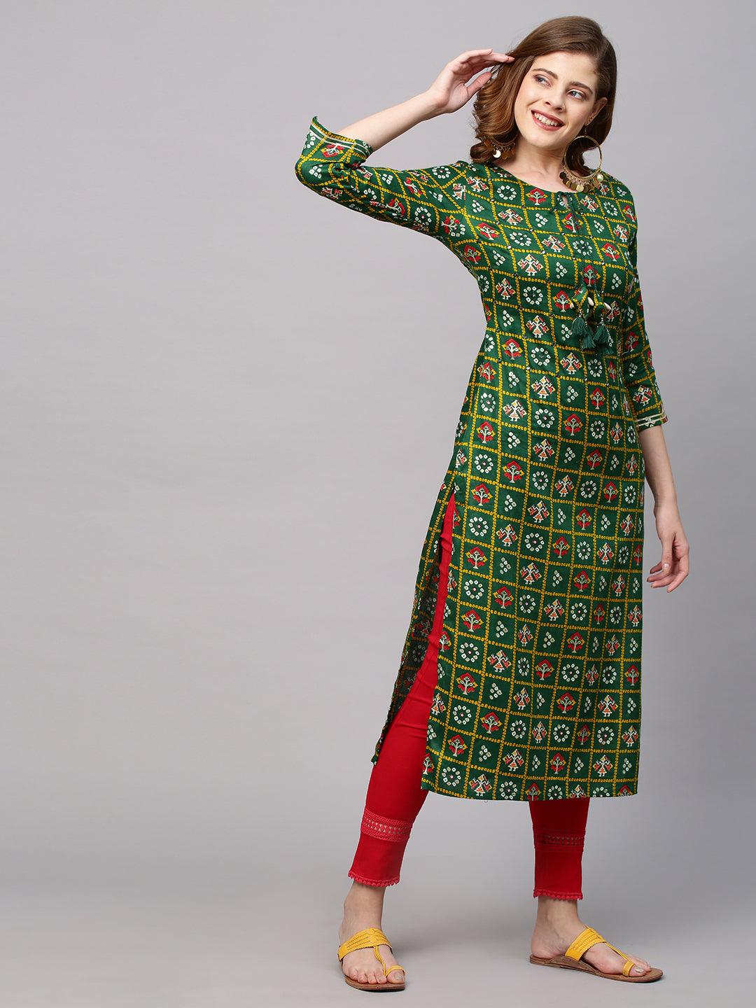 Bandhani Printed & Embroidered Straight Fit Kurta - Dark Green - Indiakreations