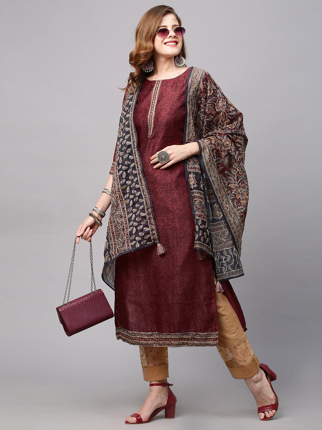 Floral Printed Straight Fit Kurta with Hand Embroidered Dupatta - Burgundy - Indiakreations