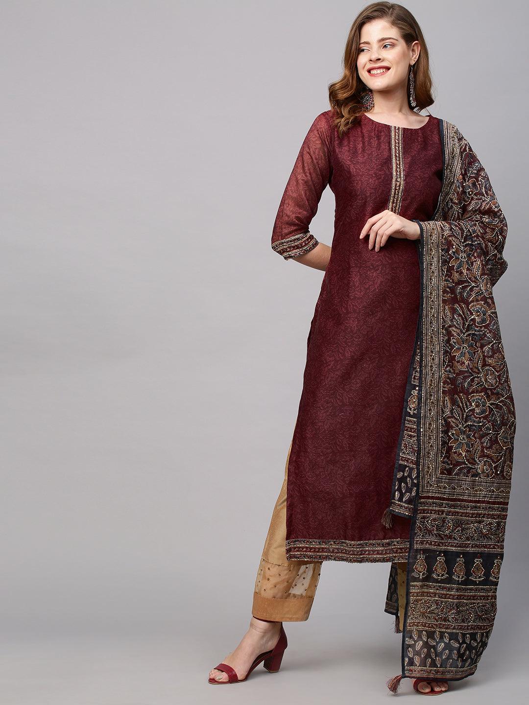 Floral Printed Straight Fit Kurta with Hand Embroidered Dupatta - Burgundy - Indiakreations