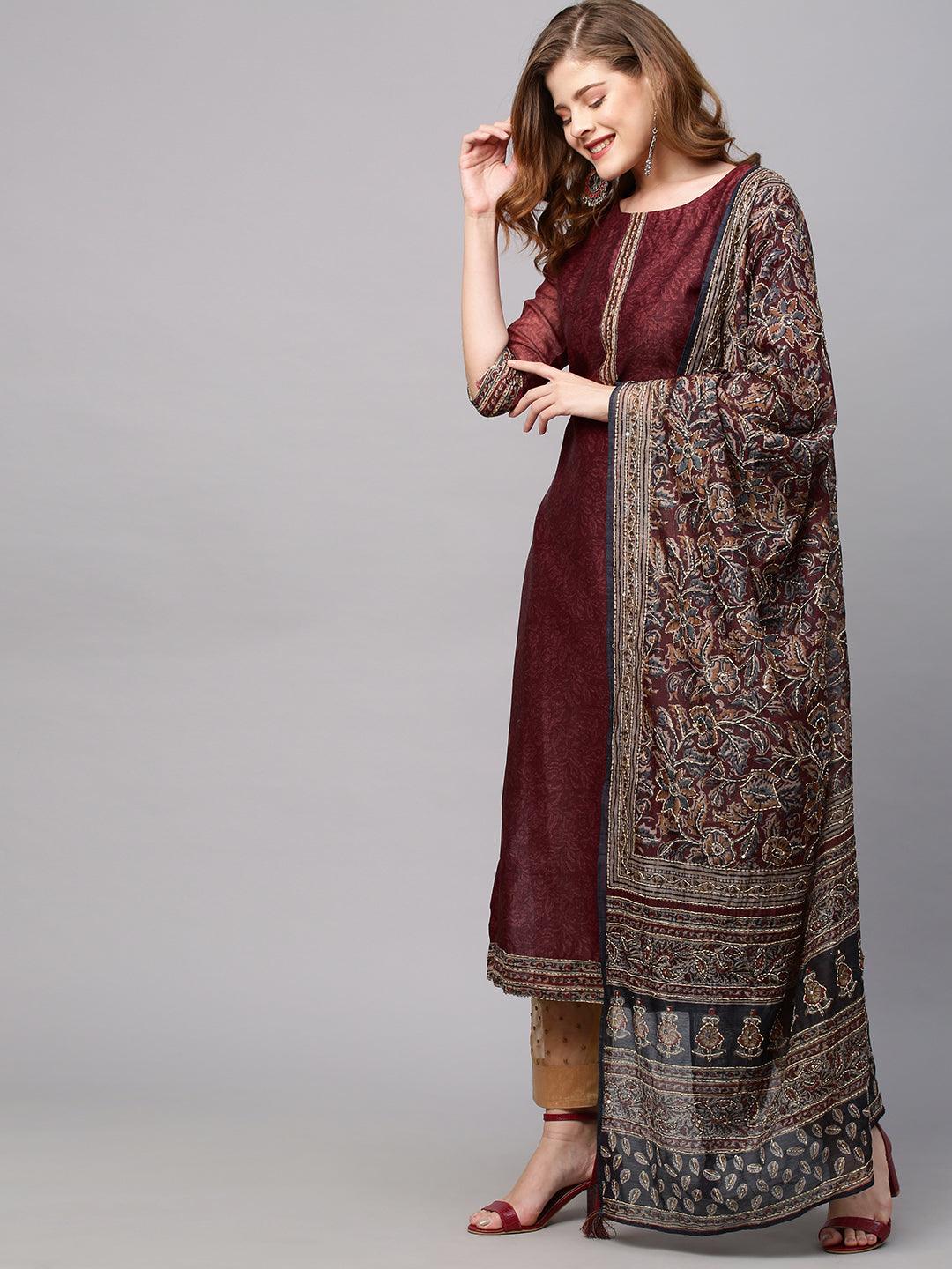 Floral Printed Straight Fit Kurta with Hand Embroidered Dupatta - Burgundy - Indiakreations