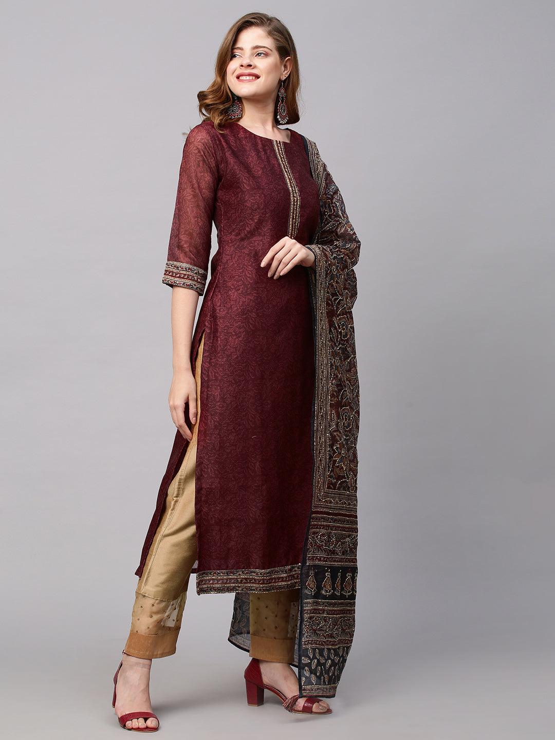 Floral Printed Straight Fit Kurta with Hand Embroidered Dupatta - Burgundy - Indiakreations