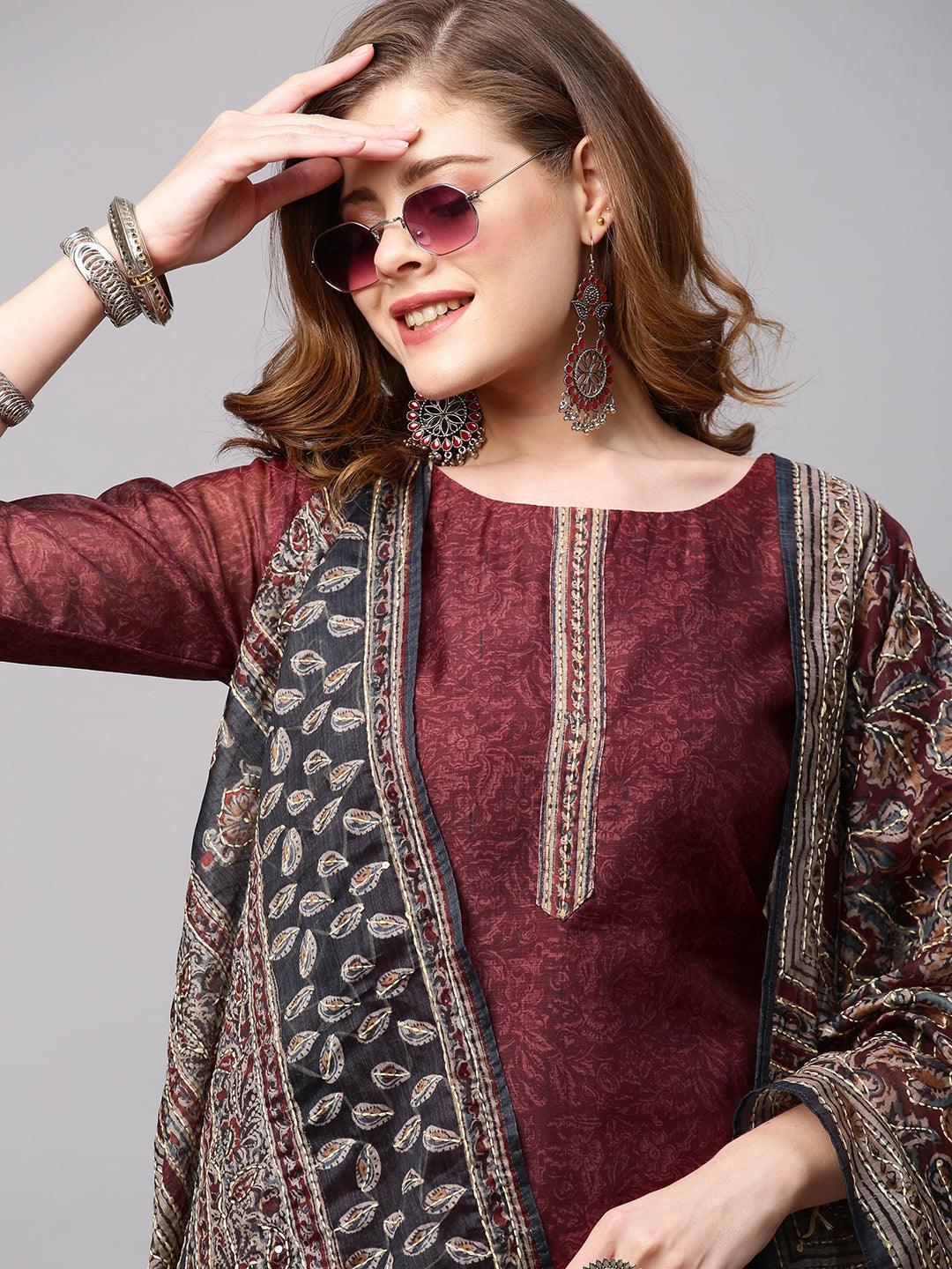 Floral Printed Straight Fit Kurta with Hand Embroidered Dupatta - Burgundy - Indiakreations