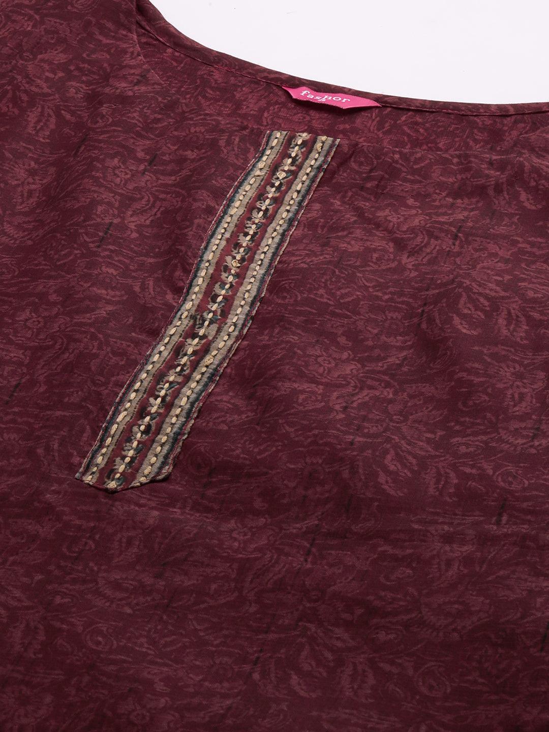 Floral Printed Straight Fit Kurta with Hand Embroidered Dupatta - Burgundy - Indiakreations