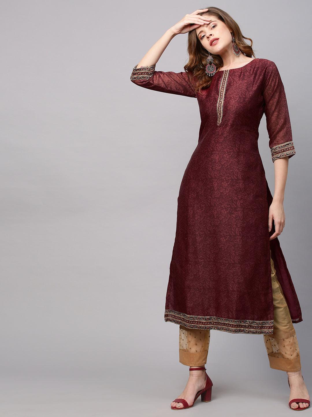 Floral Printed Straight Fit Kurta with Hand Embroidered Dupatta - Burgundy - Indiakreations