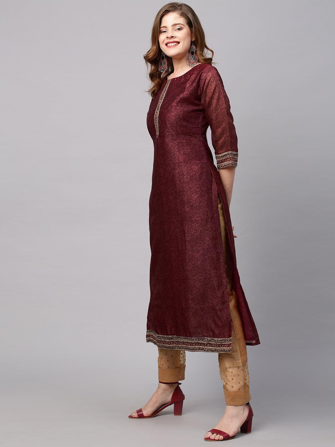 Floral Printed Straight Fit Kurta with Hand Embroidered Dupatta - Burgundy - Indiakreations