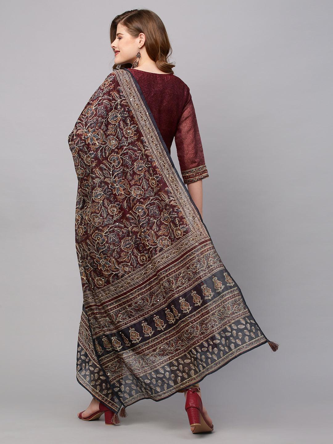 Floral Printed Straight Fit Kurta with Hand Embroidered Dupatta - Burgundy - Indiakreations