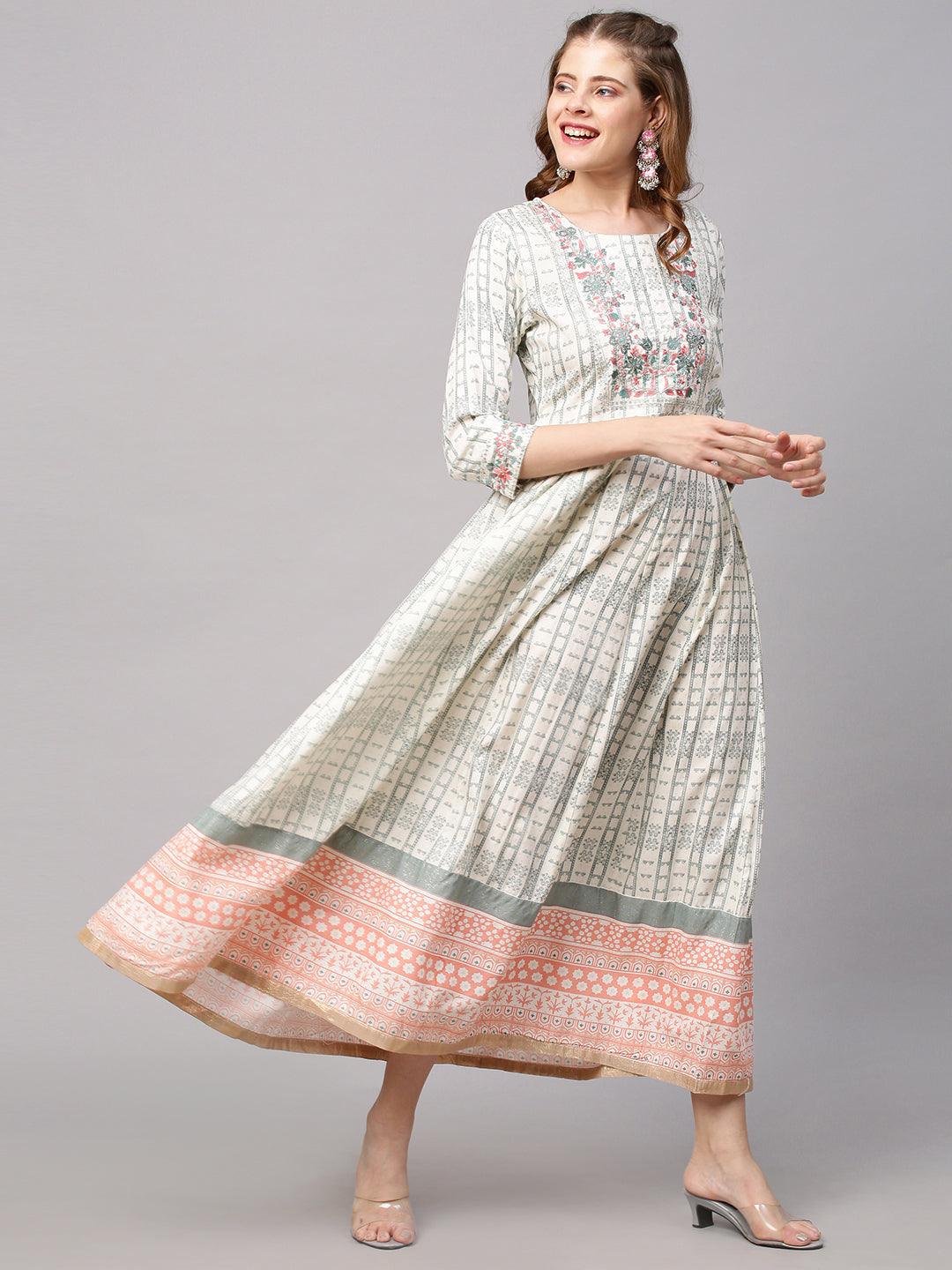 Ethnic Printed & Embroidered Anarkali Flared Maxi Dress - White - Indiakreations