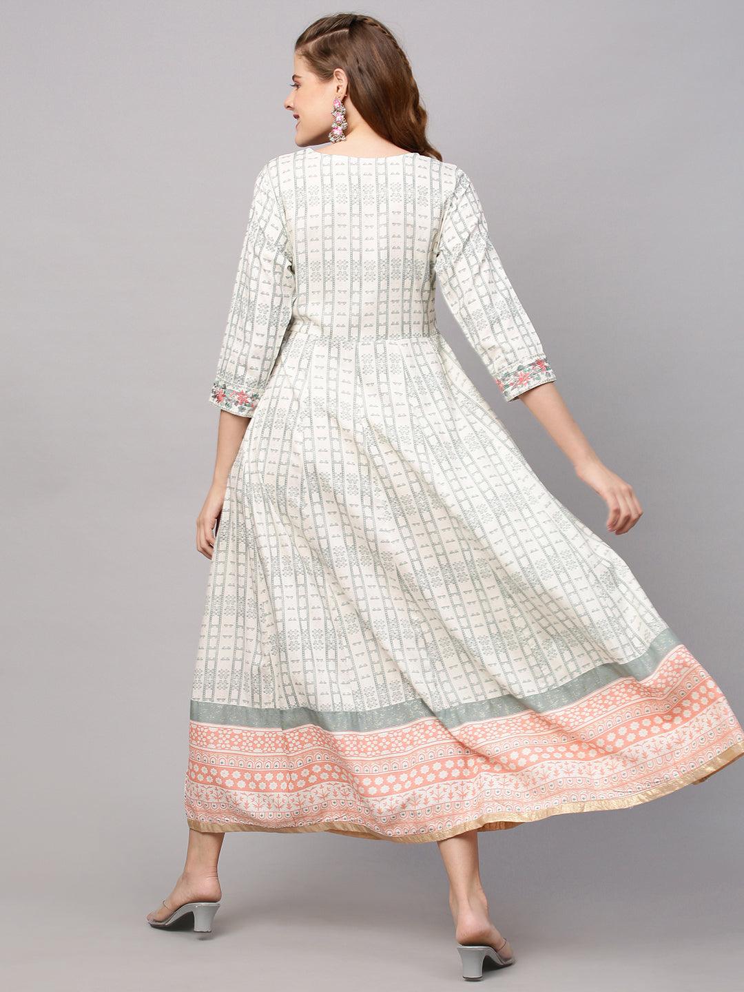 Ethnic Printed & Embroidered Anarkali Flared Maxi Dress - White - Indiakreations