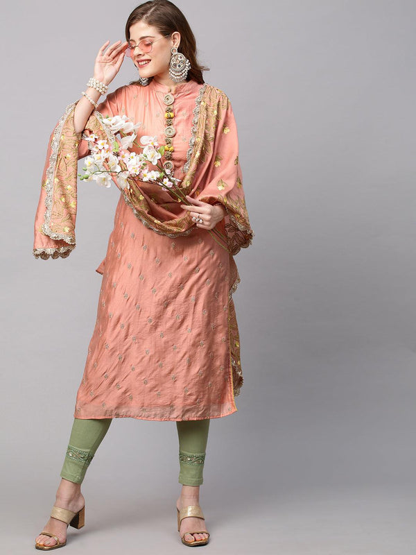 Ethnic Embroidered Straight Kurta with Dupatta - Coral Pink - Indiakreations